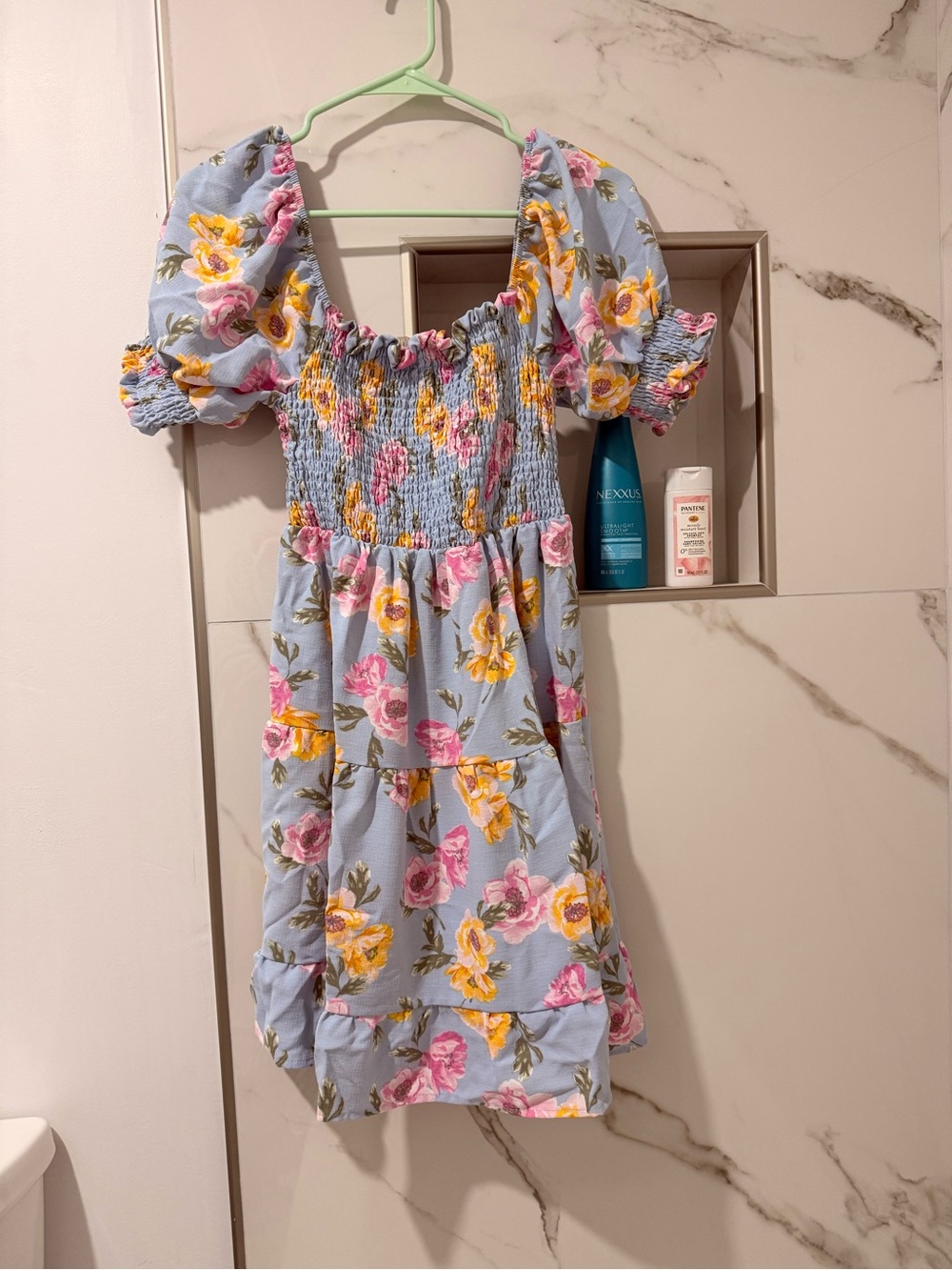Girls Blue Floral Puff-Sleeve Dress